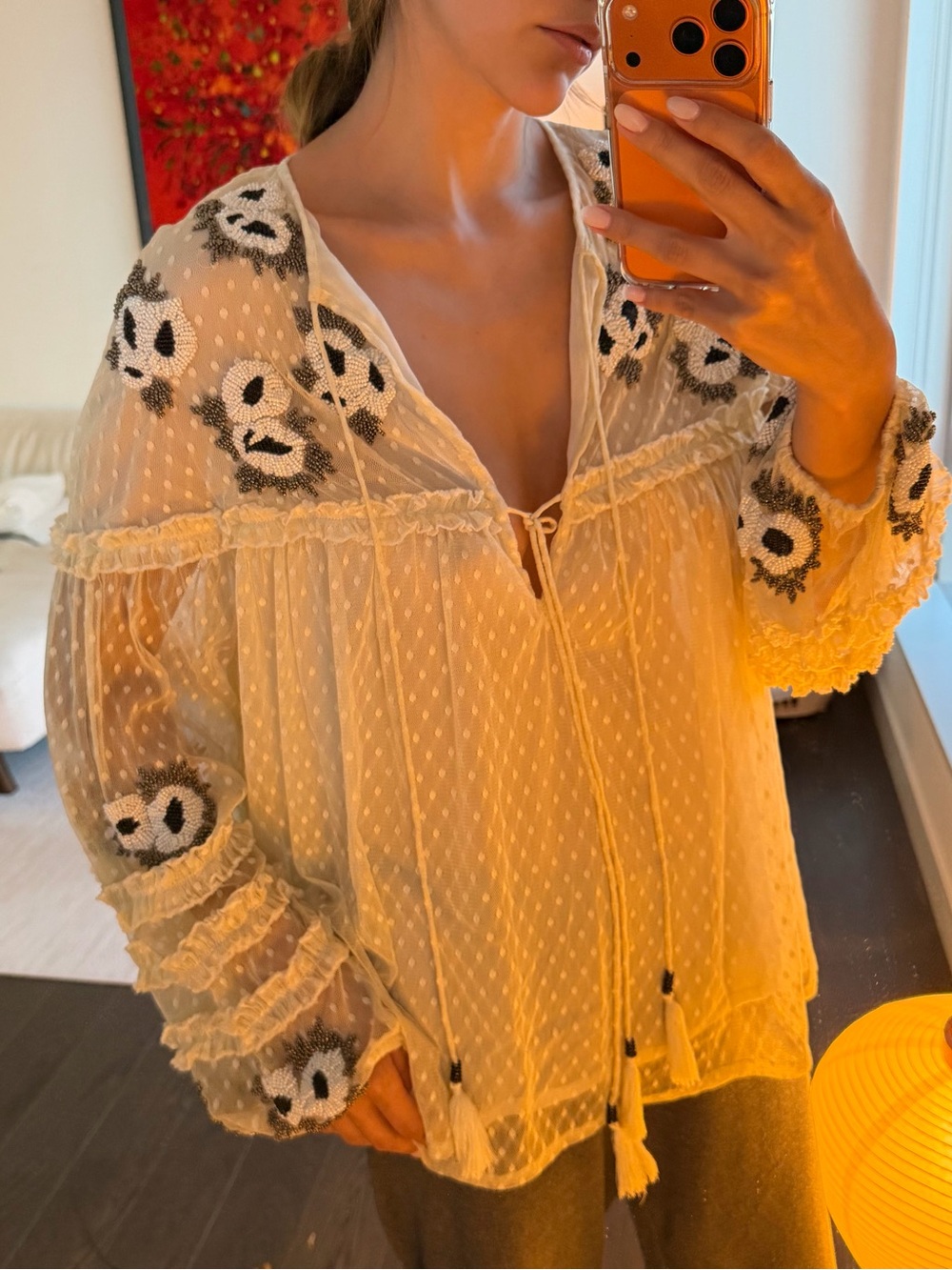 Karina Grimaldi Silk Blend Beaded Swiss Dot Boho Blouse | Size Small